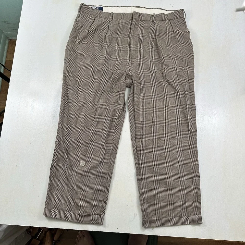 VTG Polo Ralph Lauren Men's Pants 39x26 Cuffed Pleated Beige Gray‎ Glen Plaid